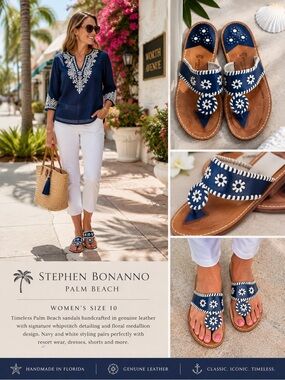 Stephen Bonanno Palm Beach Leather Sandals Navy White Whipstitch Women’s Size 10